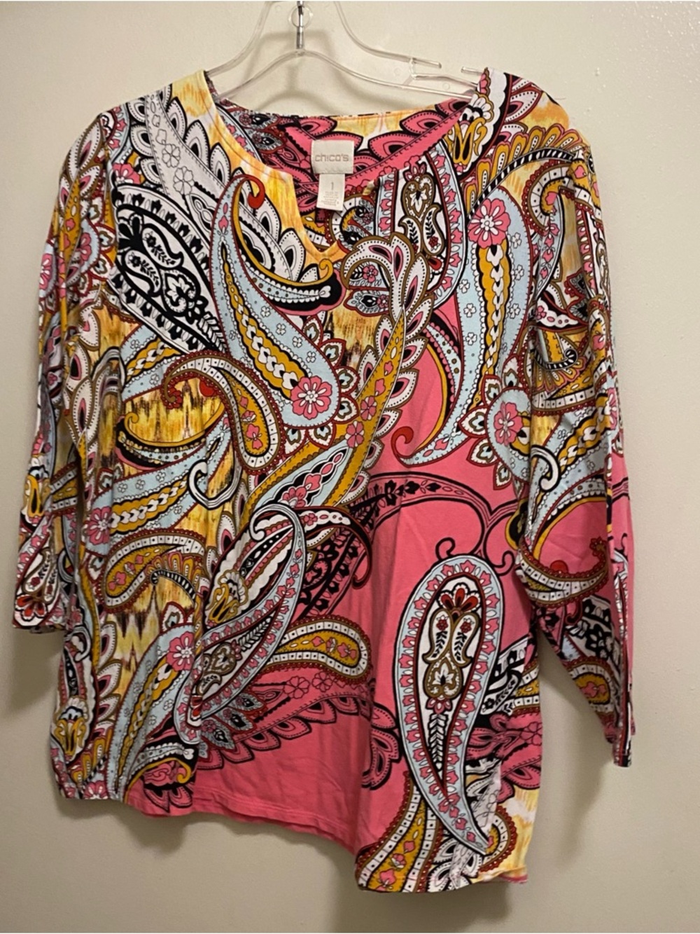 Chico’s Chicos Womens Top Blouse Size 1 M Medium 40” Boho Paisley Pink Yellow